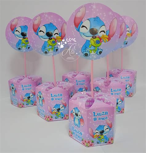 Centro De Mesa Grande Personalizado Stitch Rosa Claro Elo