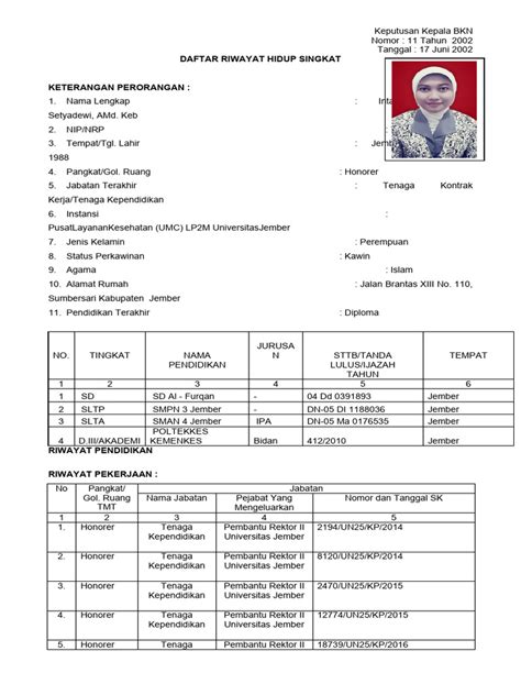 10 Daftar Riwayat Hidup Bds Keputusan Kepala Bkn Intan Pdf