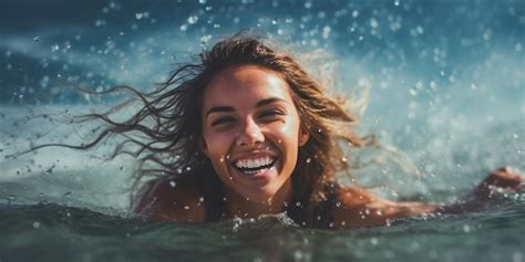 Una Mujer Bonita Y Sensual Nada En El Mar Exudando Sensualidad Su