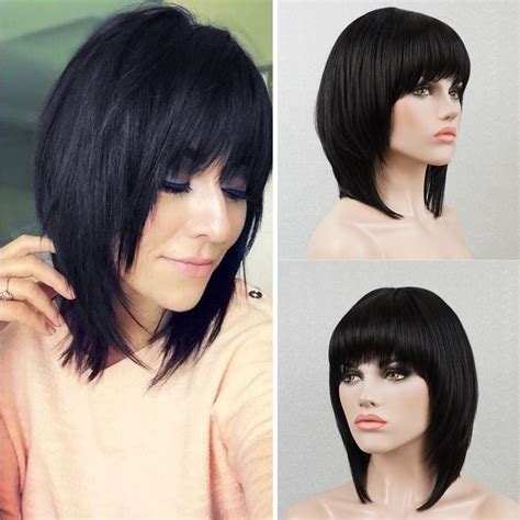 Black Short Bob Wigs With Bangs 100 Human Hair Wigs For Women Etsy