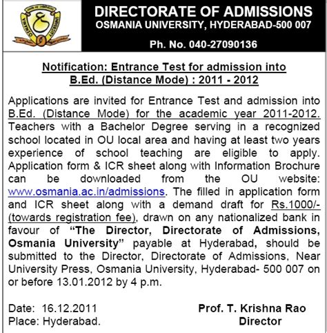 Osmania University Notification For Entrance Test For Admission Into