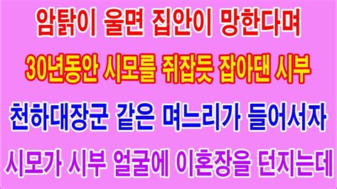 반전 사이다 사연 암탉이 울면 집안이 망한다며 30년동안 쥐잡듯 잡아댄 시부 천하대장군 같은 며느리가 들어서자 시모가 시부