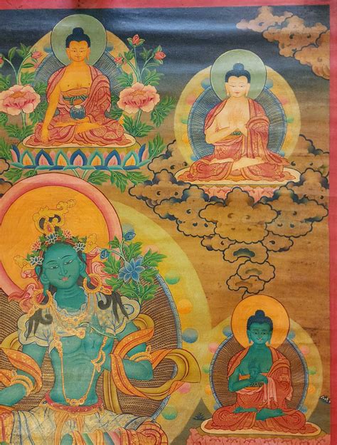 Green Tara Thangka With Pancha Buddha Buddhist Traditional Painting