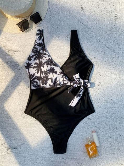 Palm Tree Print Knot Side One Piece Swimsuit Shein Usa