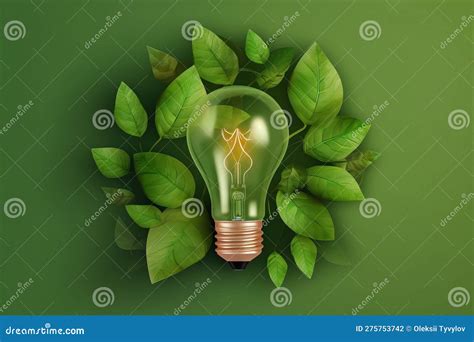 Top View Of The Green Eco Friendly Lightbulb From Fresh Leaves Stock