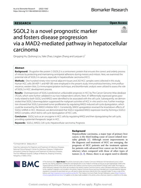 PDF SGOL2 Is A Novel Prognostic Marker And Fosters Disease