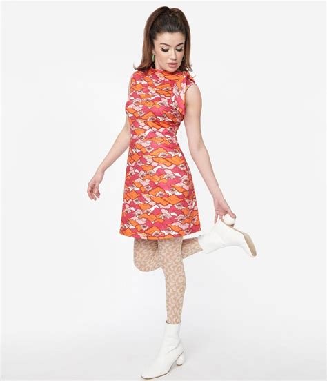 Clothing Unique Vintage Fit And Flare Smak Parlour Pink And Orange Psychedelic Eye Mock Neck Dress