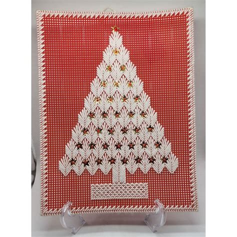 Handmade Coral Plastic Canvas White Christmas Tree Gold Stars Wall