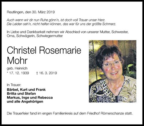 Traueranzeigen Von Christel Rosemarie Mohr Trauer Gea De