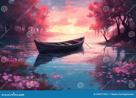 Amazing Painting Illustration Landscape With Boat In River Stock Image