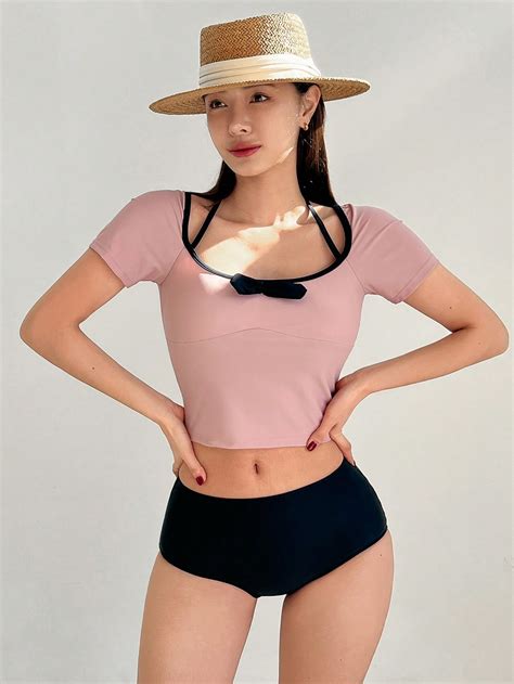 Dazy Women S One Shoulder Short Sleeve Bikini With Neck Tie Shein Usa