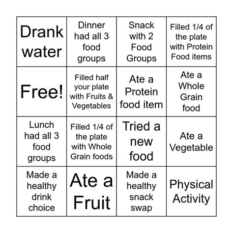 Nutrition Bingo Card