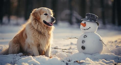 Premium AI Image | cute dog and puppy with snow man christmas winter ...