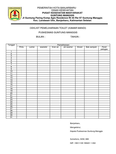 Ceklist Pemeliharaan Toilet Pdf