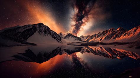 wonderful night landscape reflected   lake  wallpaper