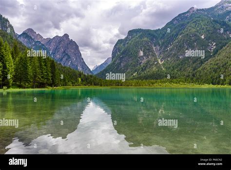 Lake Dobbiaco Toblacher See Lago Di Dobbiaco In Dolomite Alps South