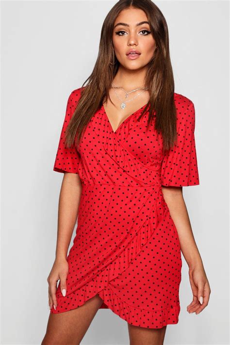 Boohoo Ruffle Front Polka Dot Tea Dress In Red Lyst