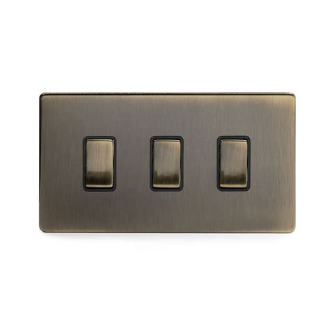 Soho Lighting Antique Brass 3 Gang Switch Double Plate Screwless The Soho Lighting Company