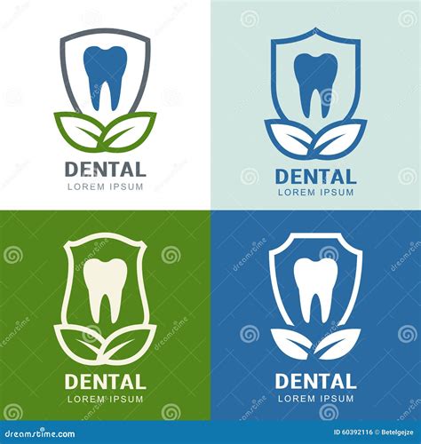 Set of Vector Logo Icons Design. Tooth, Shield and Green Leaves Stock ...