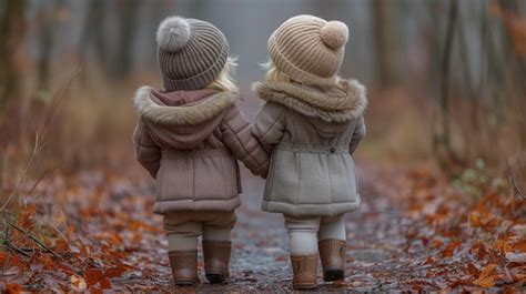 Premium Photo | Two children walking hand in hand on a forest path in ...