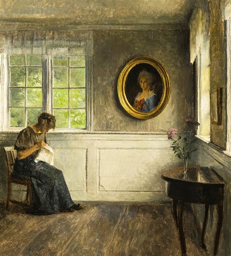 Peter Vilhelm Ilsted Girl Sewing In An Interior With A Portrait Of