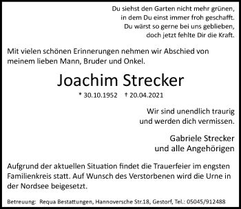 Traueranzeigen Von Joachim Strecker Trauer Anzeigen De