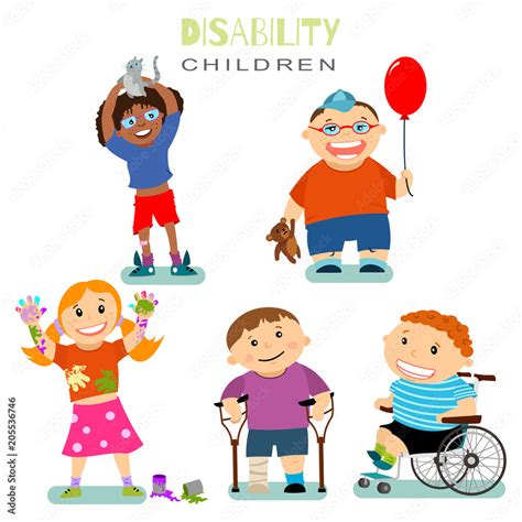 Disability and special needs of children with friends. Vector cartoon illustration isolated on a ...