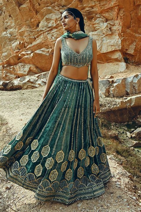 Buy Blue Velvet Embroidered Nakshi V Neck Bridal Lehenga Set For Women