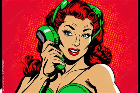 Sexy Pin Up Frau Mit Einem Telefonhörer Am Telefonieren Bunter Hintergrund In Pop Art Retro