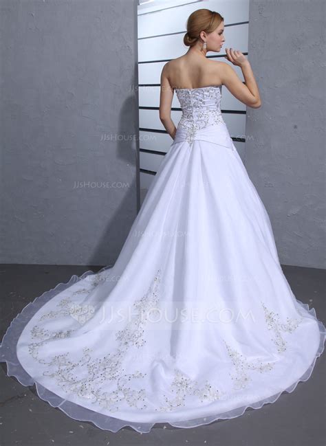 Ball Gown Strapless Chapel Train Satin Organza Wedding Dress With