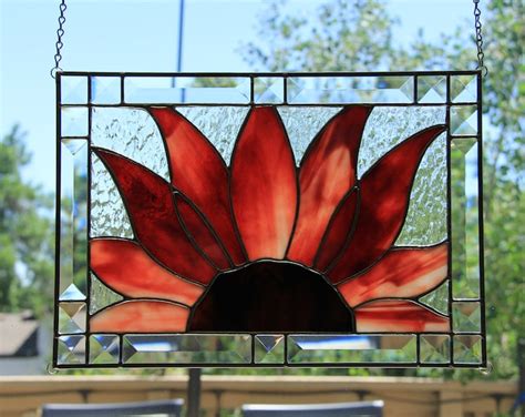 Red Sunflower Stained Glass Window Panel Etsy