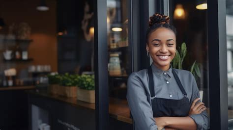 Smiling Woman Small Business Owner In Apron Standing Confidently In