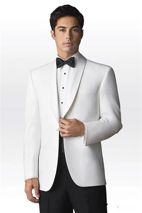 Tuxedos White Jacket Black Trousers Groomsmen Men Wedding Suits Prom