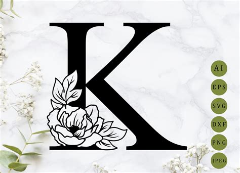 Floral Letter K Svg Botanical Alphabet Svg Floral Monogram Etsy