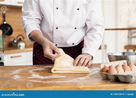 Baker Making Bread Man Hands Kneading A Dough Cooking Coat Stock