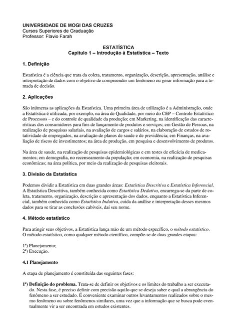 Cap 1 Introdução à Estatística Texto UNIVERSIDADE DE MOGI DAS