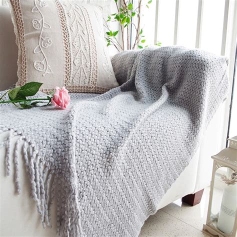 Battilo Light Grey Wheat Knit Tassel Throw Blanket For Couch Sofa Bed