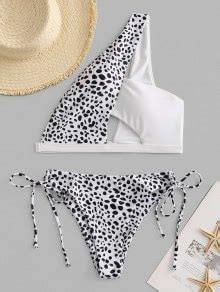 Off Zaful Leopard Tied Cutout One Shoulder Bikini Swimwear