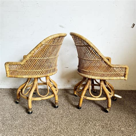 Boho Chic Buri Rattan Swivel Dining Arm Chairs Set Of 4 For Sale At