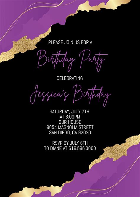 Editable Purple Gold And Black Birthday Invitationsany Ageluxury