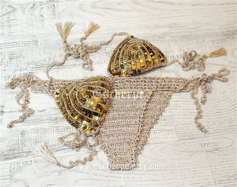 Gold Sequin Crochet Bikini Set Crochet Top Bottom Swimwear Womens Girls