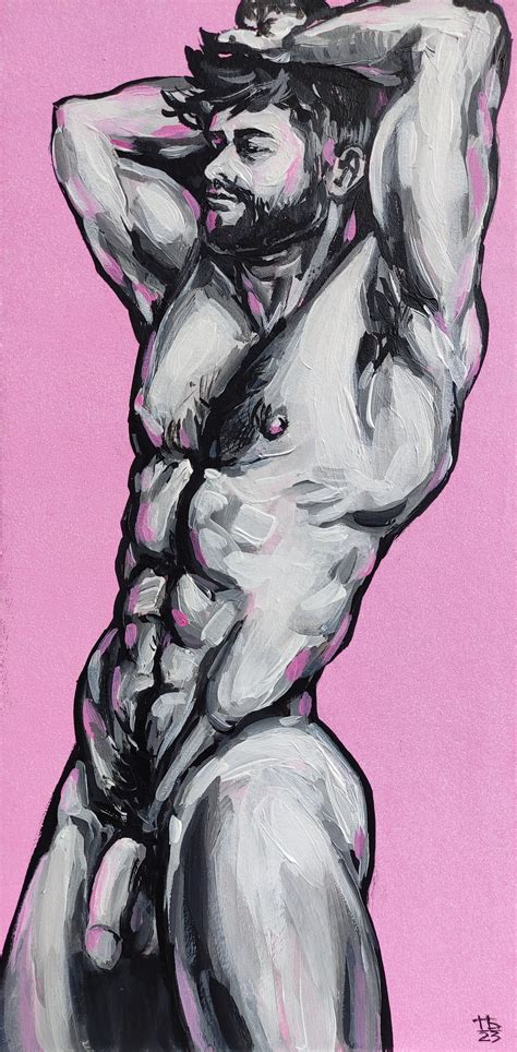 Nude Male Figure Original Sketch Painting Muscled Torso Man Body Erotic Gay Art X Cm