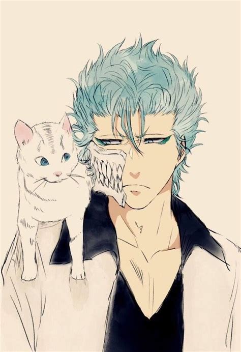 An Anime Character With Blue Hair Holding A White Cat In His Hand And