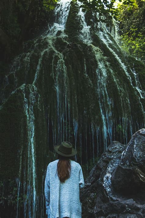 Hd Wallpaper Woman Gazing At Waterfalls Woman In Gray Cardigan