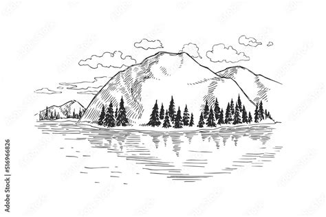 Vector Illustration With Lake And Hills Hand Drawn Mountain Landscape