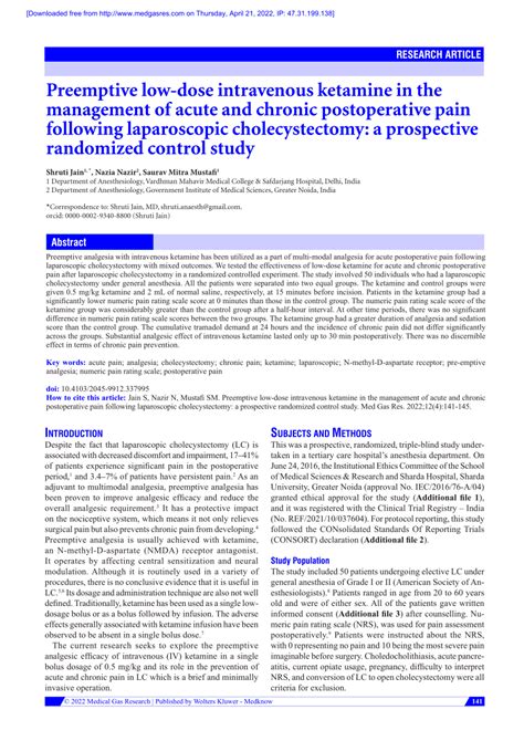 PDF Preemptive Low Dose Intravenous Ketamine In The Management Of