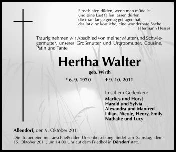 Traueranzeigen Von Hertha Walter Rz Trauer De