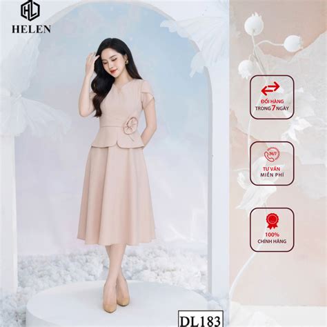Đầm công sở HELEN thiết kế dáng xòe peplum màu nude cổ V đính hoa eo DL183 Shopee Việt Nam