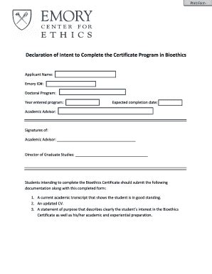 Fillable Online Declaration Of Intent To Complete The Certificate