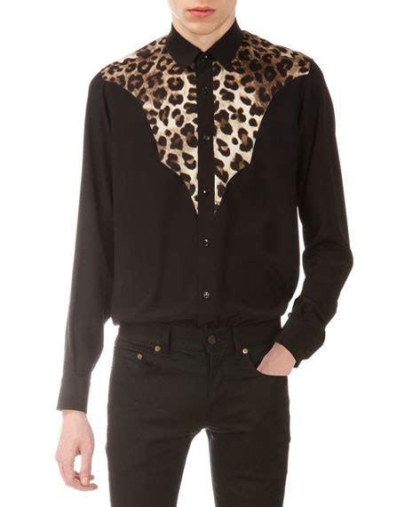 Saint Laurent Silk Leopard Print And Solid Western Shirt